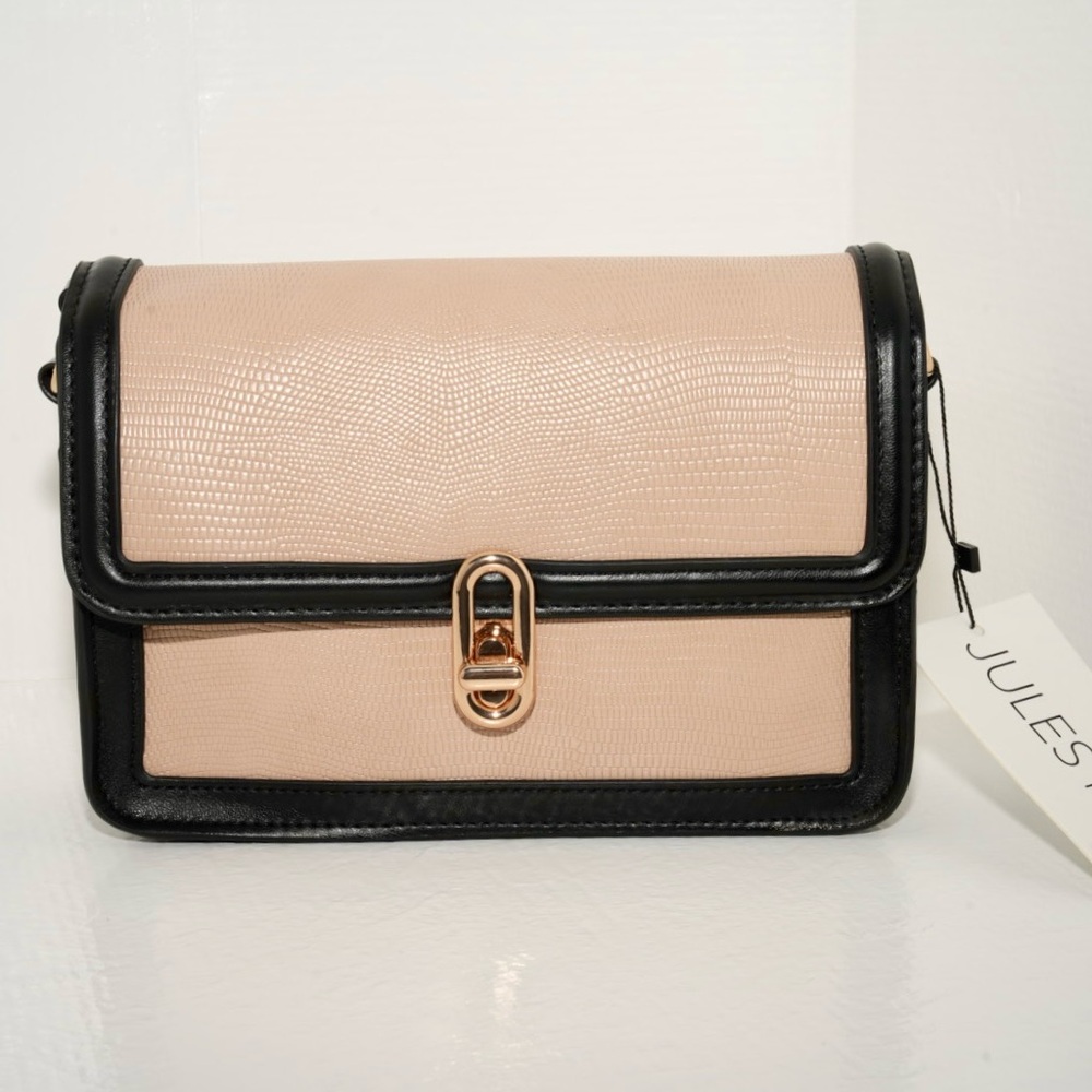 Jules Kay Mia Crossbody Bag Blush Lizard Vegan Leather Embossed With Black Trim